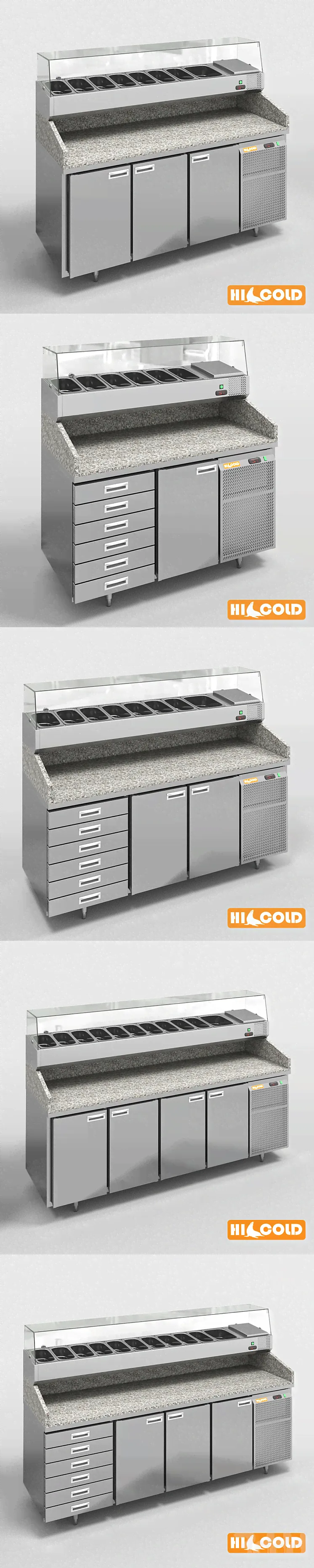Столы HiCold холодильные пиццерийные из нержавеющей стали с каменной столешницей и стеклянной витриной #2 - Магазин - 3D модель-0