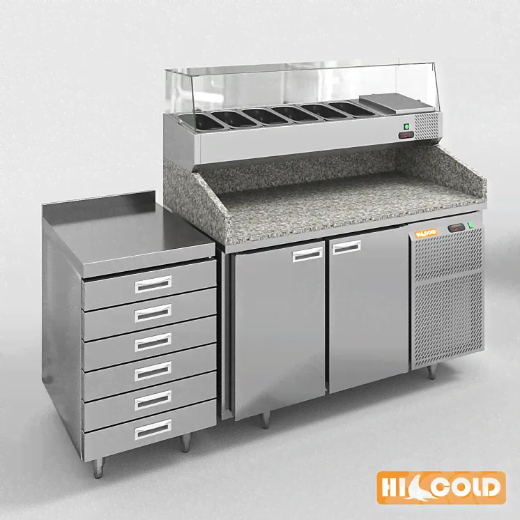 Столы HiCold холодильные пиццерийные из нержавеющей стали с каменной столешницей и стеклянной витриной #2 - Магазин - 3D модель-1