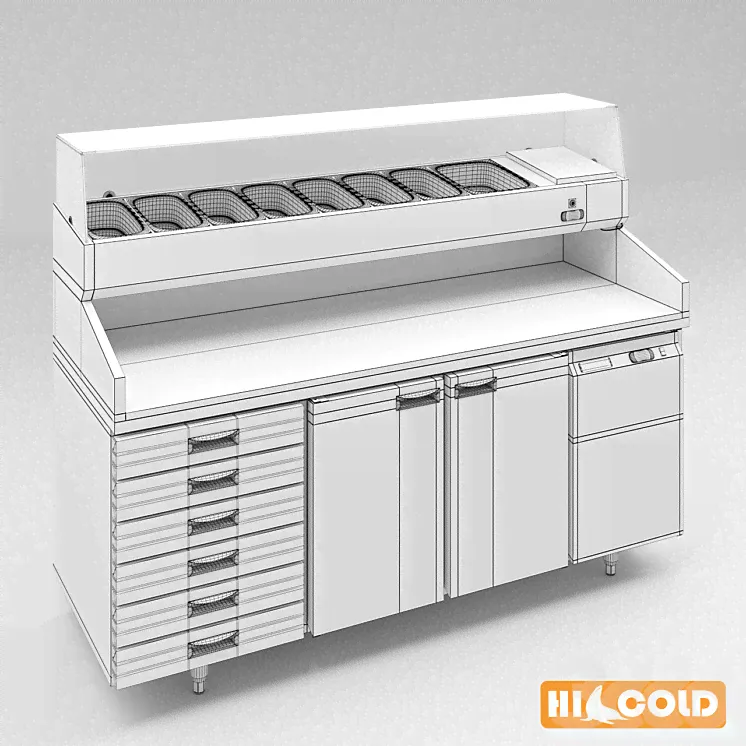 Столы HiCold холодильные пиццерийные из нержавеющей стали с каменной столешницей и стеклянной витриной #2 - Магазин - 3D модель-2
